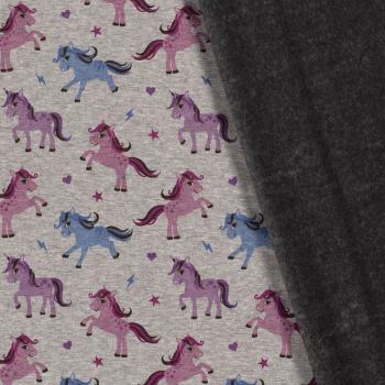 Alpenfleece Druck Einhörner Rosa, Blau auf Grau-melliert